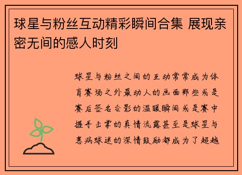 球星与粉丝互动精彩瞬间合集 展现亲密无间的感人时刻