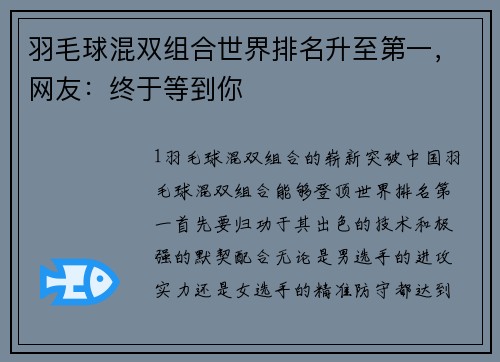 羽毛球混双组合世界排名升至第一，网友：终于等到你