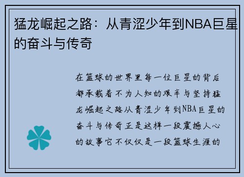 猛龙崛起之路：从青涩少年到NBA巨星的奋斗与传奇
